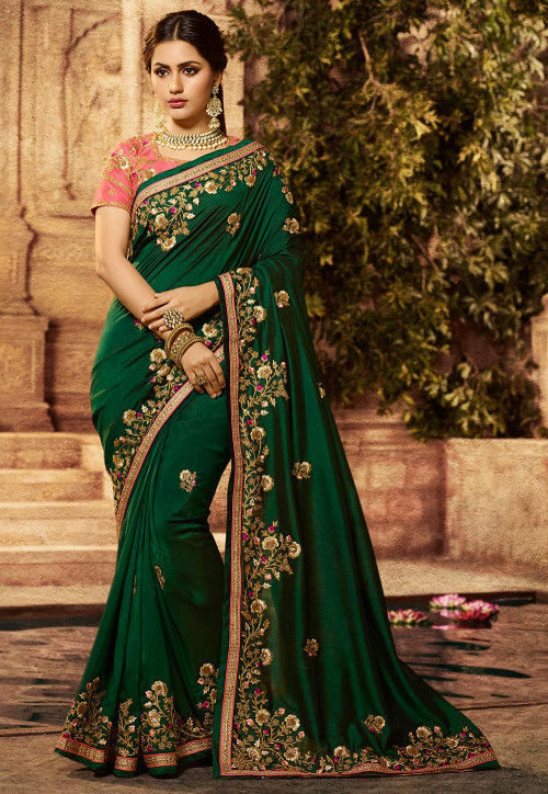 Emerald Green Color Silk Saree – Panache Haute Couture